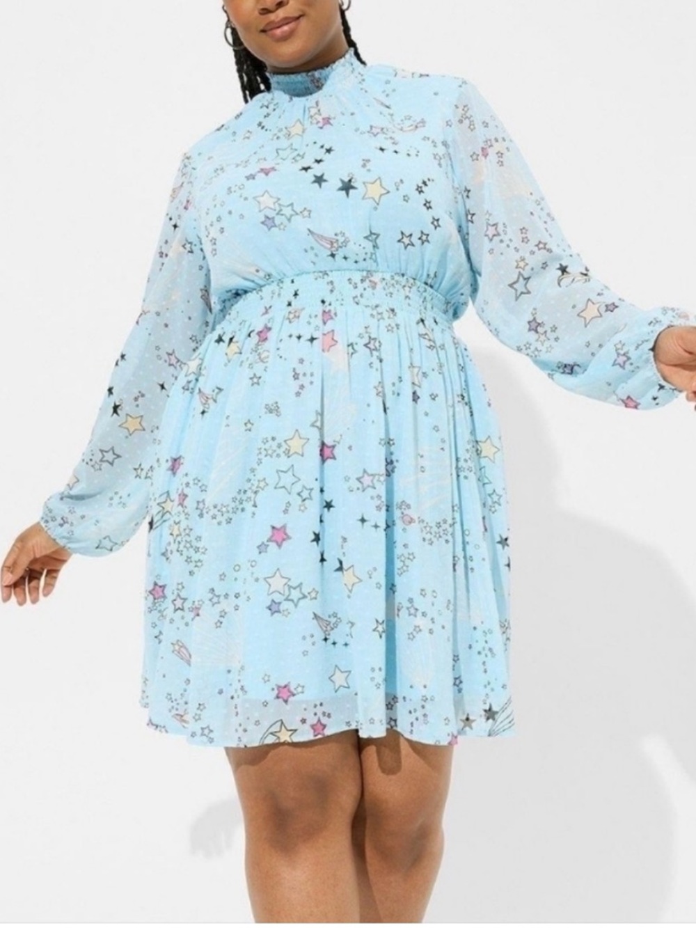 TORRID Light Blue Cosmic Stars High Neck Long Sleeve Dress